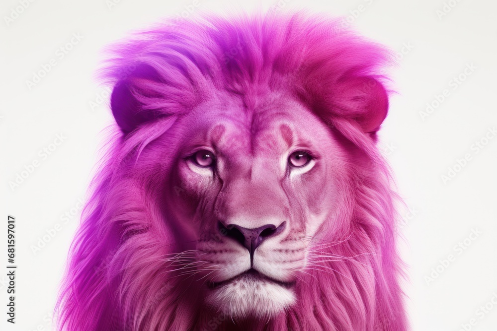  a close up of a lion's face with a bright purple light on it's face and behind it's head, it is a white background.