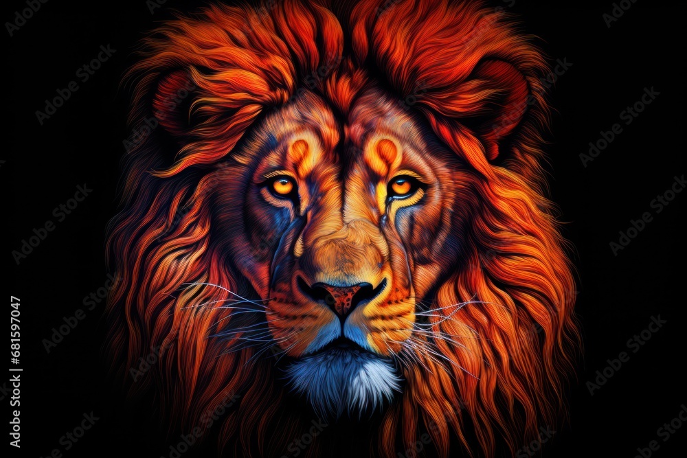  a close up of a lion's face with orange and blue highlights on it's face and a black background with a black background with a black background.