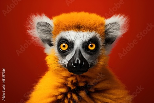  a close up of a monkey's face with orange and white fur on it's head and a red background with a red wall in the back ground.