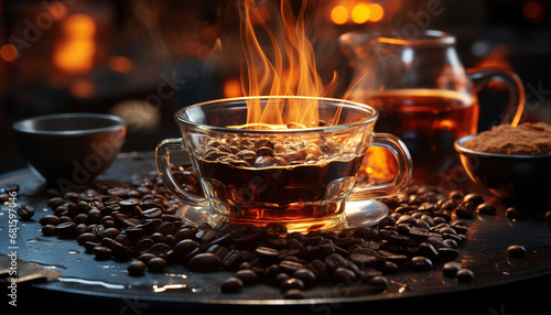 Fresh coffee on wooden table, steam rising, perfect morning drink generated by AI