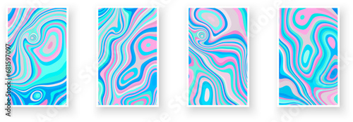 Set of holographic abstract poster designs with optical interference and liquid effect . Illusion of movement for banner, flier, invitation, cover, business card.