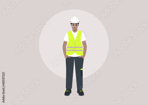 A young character in a repair worker uniform, adorned with a yellow high-visibility vest, hard hat, and polo shirt, standing with their hands in pockets