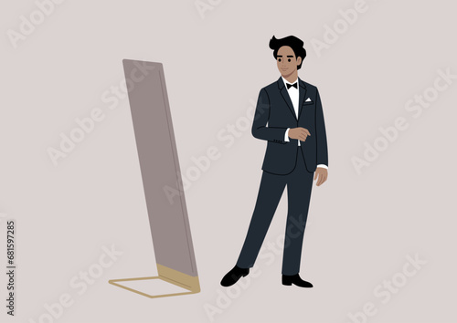An elegant character stands in a fancy boutique, trying on a refined black tuxedo with a bow, while admiring themselves in a grand floor mirror