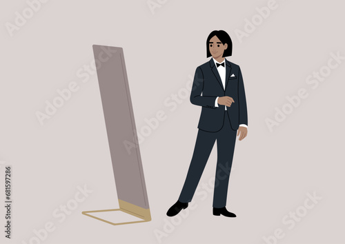 An elegant character stands in a fancy boutique, trying on a refined black tuxedo with a bow, while admiring themselves in a grand floor mirror