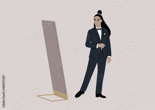 An elegant character stands in a fancy boutique, trying on a refined black tuxedo with a bow, while admiring themselves in a grand floor mirror