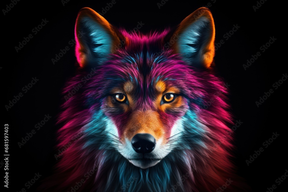 a close up of a wolf's face with multicolored fur on it's head and eyes, with a black background a close up of a wolf's face with multicolored fur on it's head and eyes, with a black background