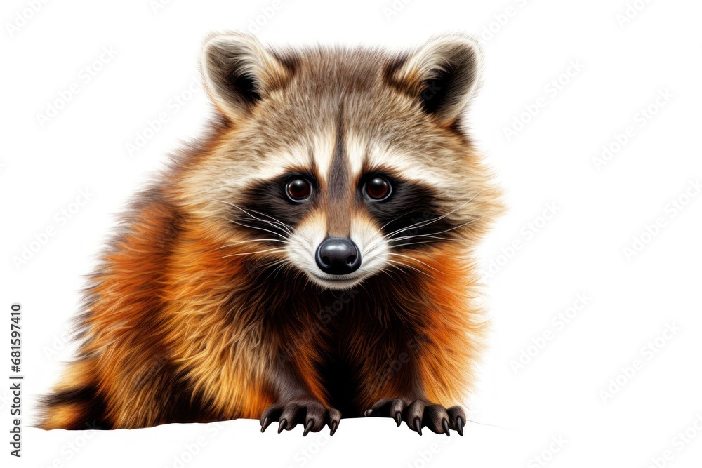  a close up of a raccoon's face with a blurry look on it's face and it's eyes, with a white background.