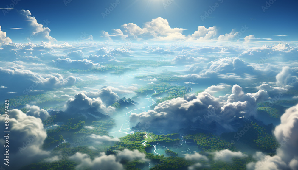 Naklejka premium Blue sky, fluffy clouds, bright sun, idyllic landscape, above water generated by AI