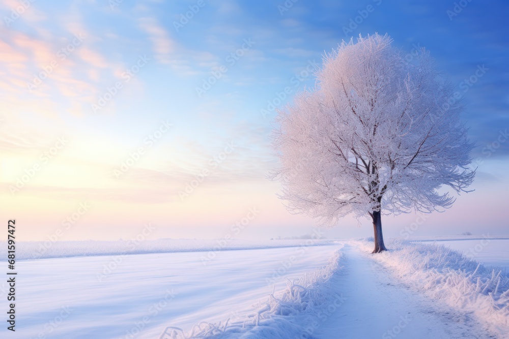 a lone tree stands in the middle of a snow - covered field as the sun shines in the distance in the distance, with a blue sky in the background. a lone tree stands in the middle of a snow - covered field as the sun shines in the distance in the distance, with a blue sky in the background.