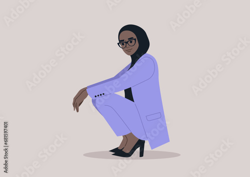 A poised businesswoman, donned in an elegant lavender pantsuit and high heels, exudes confidence in a purposeful squat