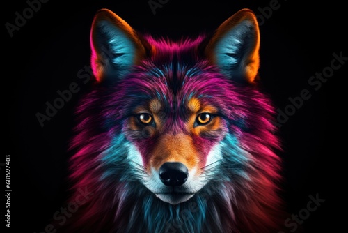  a close up of a wolf's face with multicolored fur on it's head and eyes, with a black background 