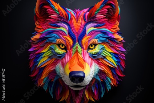  a close up of a colorful wolf's face on a black background with an orange, yellow, red, green, blue, and pink hued eye.