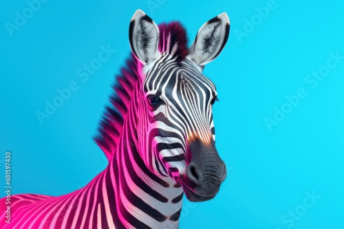  a close up of a zebra s head with a blue sky in the backgrounnd of the image and a pink and black zebra s head in the foreground.