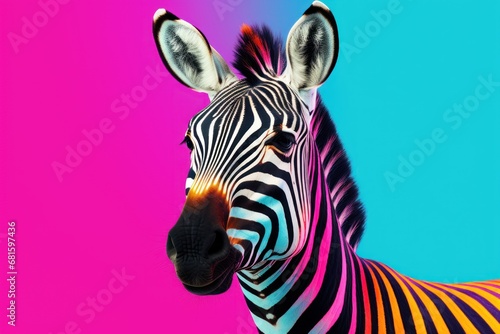  a close up of a zebra s head on a pink and blue background with a pink  yellow  and blue hued area in the middle of the image.