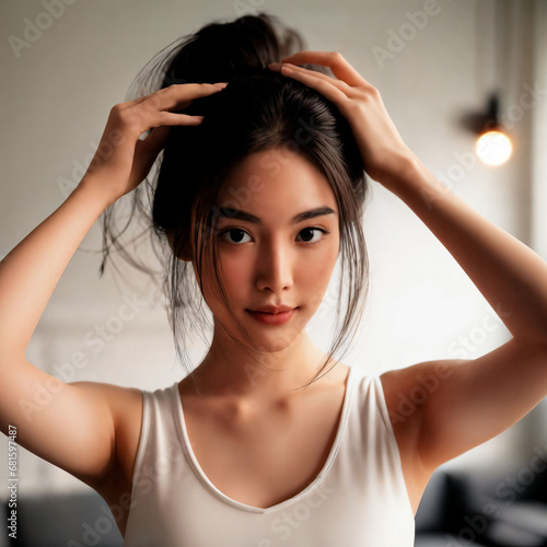 photo of beautiful asian woman checking and arranging her hair in clean minimal room, generative AI