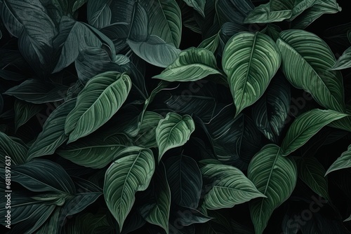  a close up of a bunch of green leaves on a black background with a black background and a black background with a green leafy pattern on the top of the leaves.