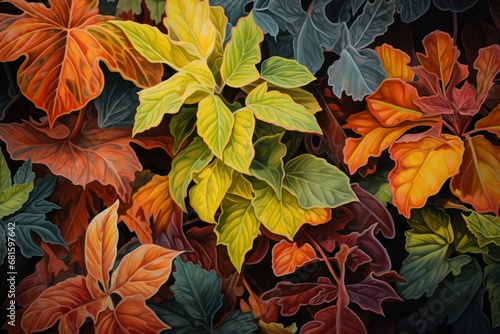  a painting of a bunch of leaves on a black background with red  yellow  green  and orange leaves on the bottom of the leaves and bottom of the leaves.