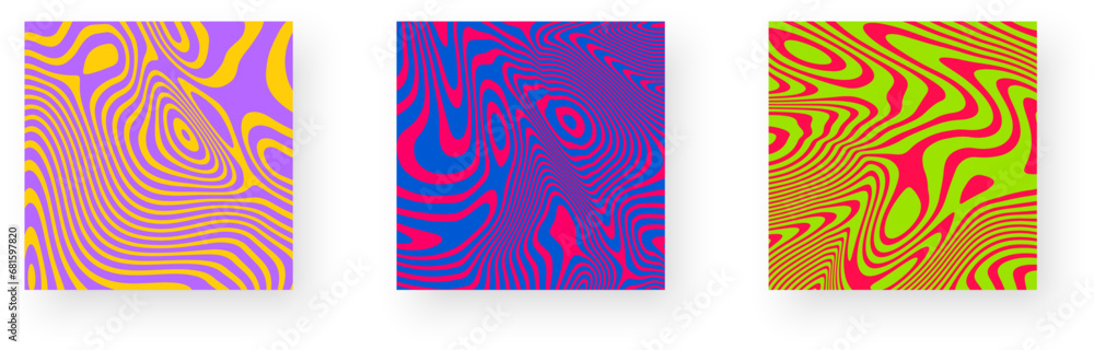 Obraz premium Set of contrast abstract poster designs with optical interference effect. Illusion of movement for banner, flier, invitation, cover, business card.