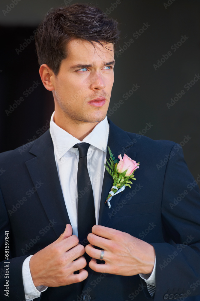 Groom man, thinking and wedding with suit, rose or flower for celebration, event or party for memory. Person, vision and idea for choice, marriage or commitment to relationship with floral decoration Groom man, thinking and wedding with suit, rose or flower for celebration, event or party for memory. Person, vision and idea for choice, marriage or commitment to relationship with floral decoration