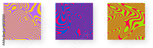 Set of contrast abstract poster designs with optical interference effect. Illusion of movement for banner, flier, invitation, cover, business card.