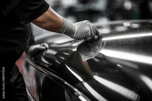  a close up of a person's hand with a glove on the hood of a black car with a shiny surface and lines on the side of the hood of the car.