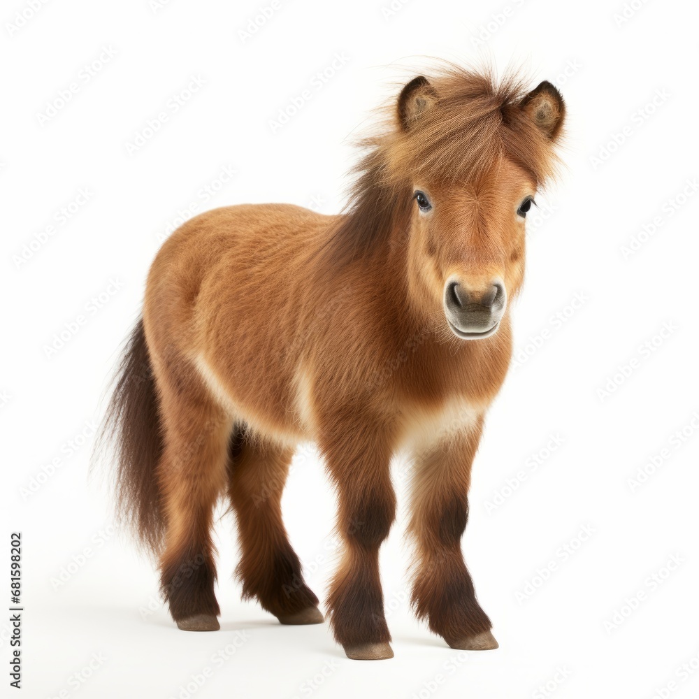 Fototapeta premium cute brown mini Shetland pony with winter coat in front of a white background
