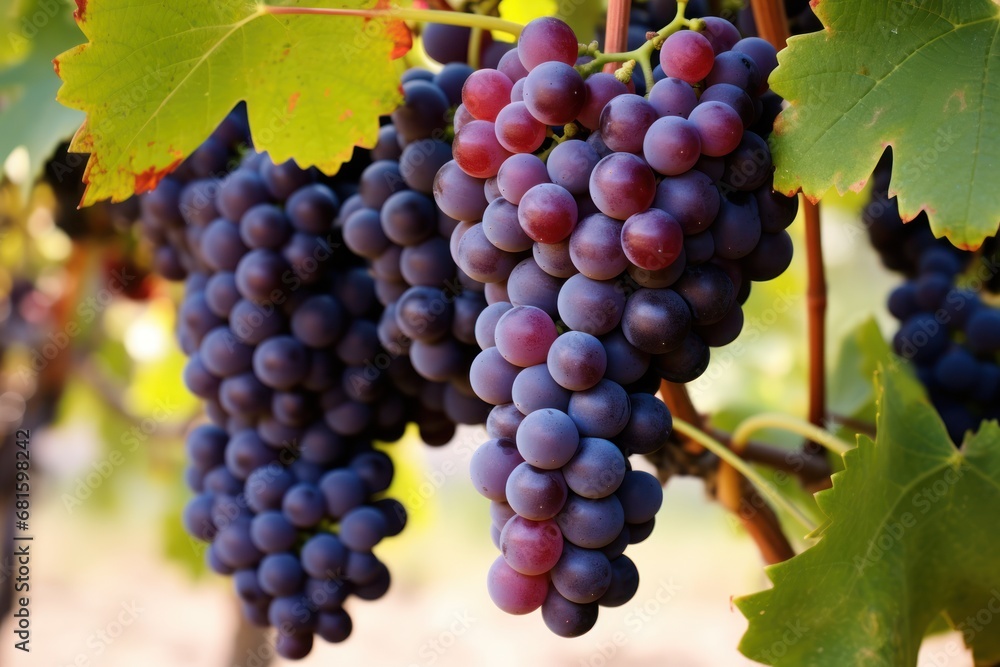  a bunch of grapes hanging from a vine on a vine hanging from a vine hanger on a vine, with green leaves on a sunny day in the background.