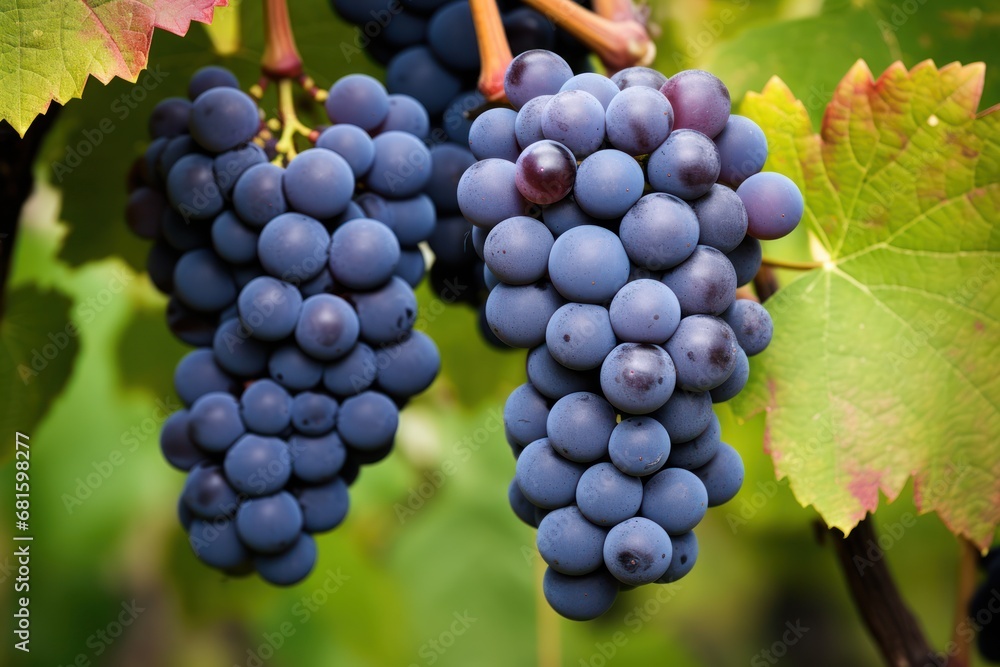  a bunch of grapes hanging from a vine with leaves on the other side of the vine, with green leaves on the other side of the vine, and red and green leaves on the other side of the vine.