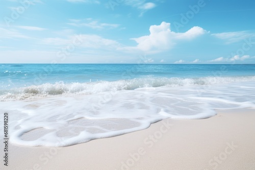  a sandy beach with waves coming in to the shore and a blue sky with white clouds in the background and a blue sky with white clouds in the foreground.