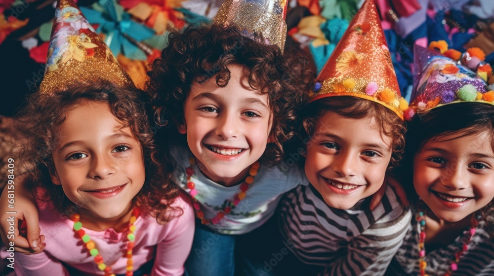 Smiles abound as children unite for a festive birthday celebration. Smiles abound as children unite for a festive birthday celebration.