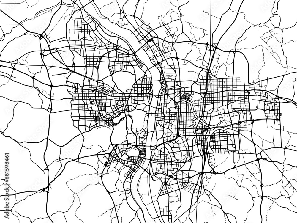 Vector road map of the city of Changsha in the People's Republic of China (PRC) with black roads on a white background.