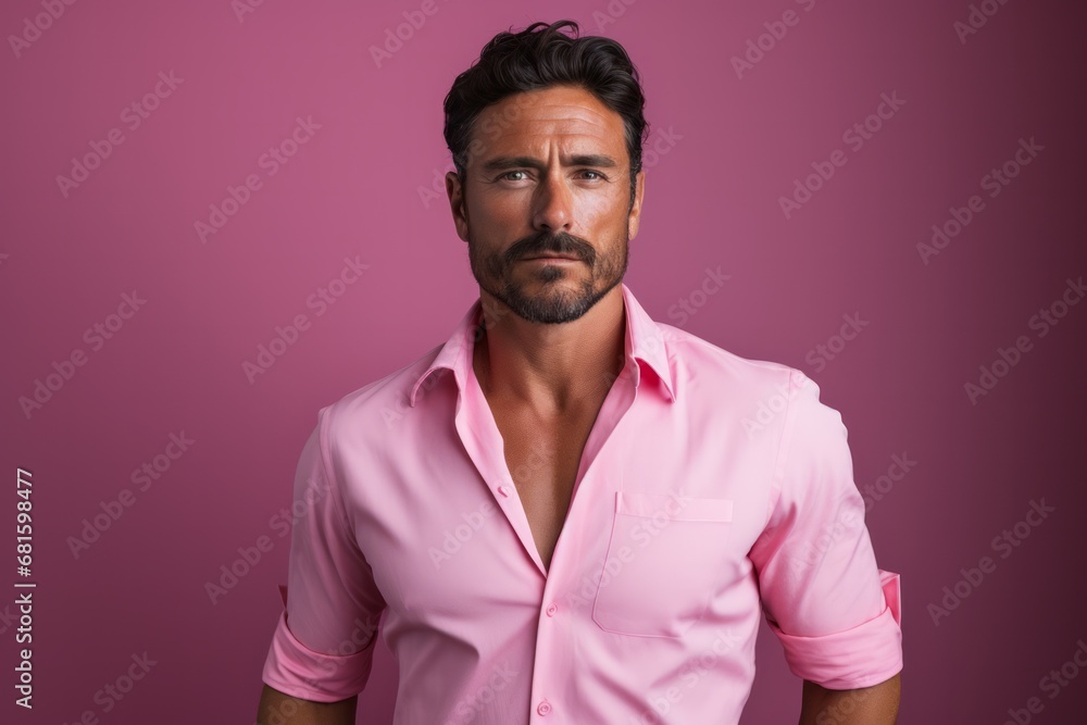 a handsome Latin American man with a short beard, short dark hair and an open pink shirt in front of a pink background a handsome Latin American man with a short beard, short dark hair and an open pink shirt in front of a pink background