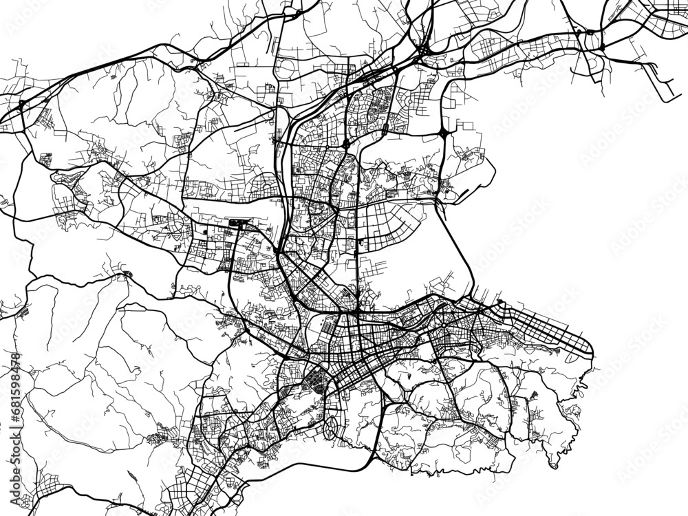 Vector road map of the city of Dalian in the People's Republic of China (PRC) with black roads on a white background.