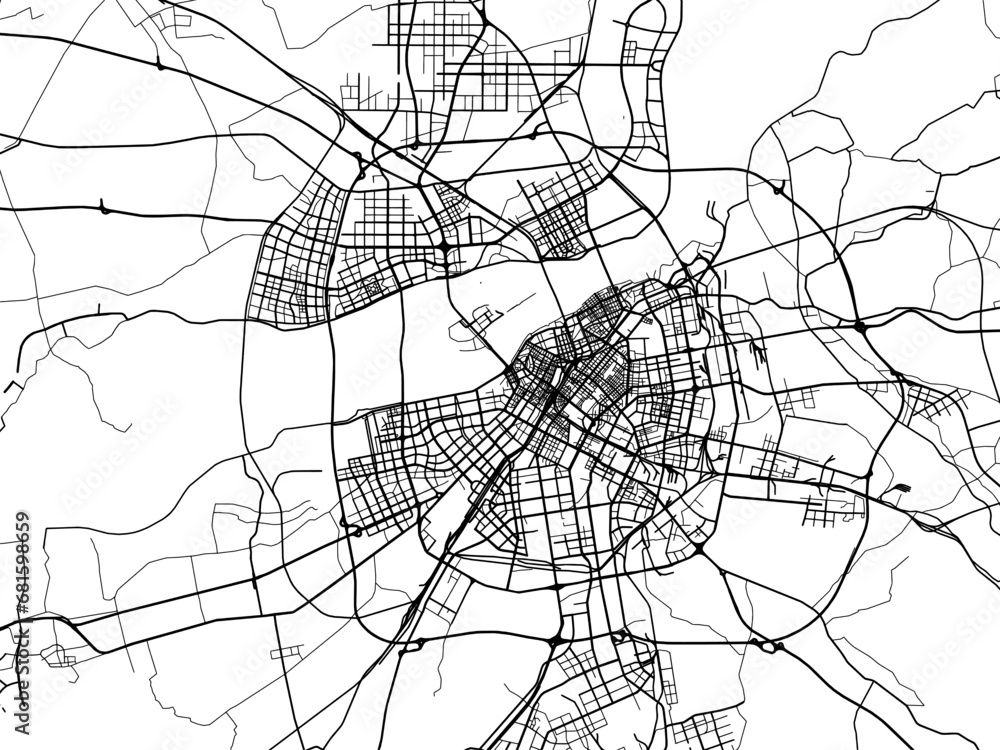 Vector road map of the city of Harbin in the People's Republic of China (PRC) with black roads on a white background.