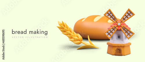 Concept of bread making. Poster with vintage wooden windmill, wheat and round bread. Grinding flour for bread products. Vector illustration in 3d style