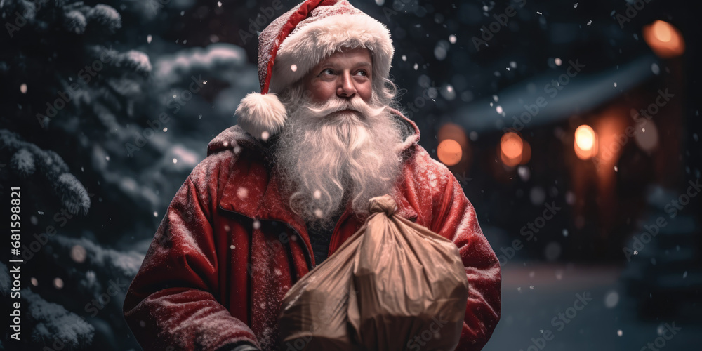 Portrait of  Santa Claus in with logn gray beard and bag of gifts  standing in winter snowy street at night. Christmas and New Year concept. Modern Santa Claus