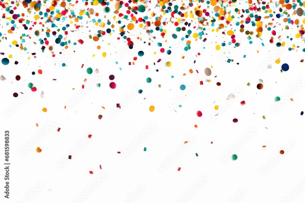 a group of multicolored confetti sprinkles flying in the air on a white background with room for copy space to put on the right side of the image. a group of multicolored confetti sprinkles flying in the air on a white background with room for copy space to put on the right side of the image.