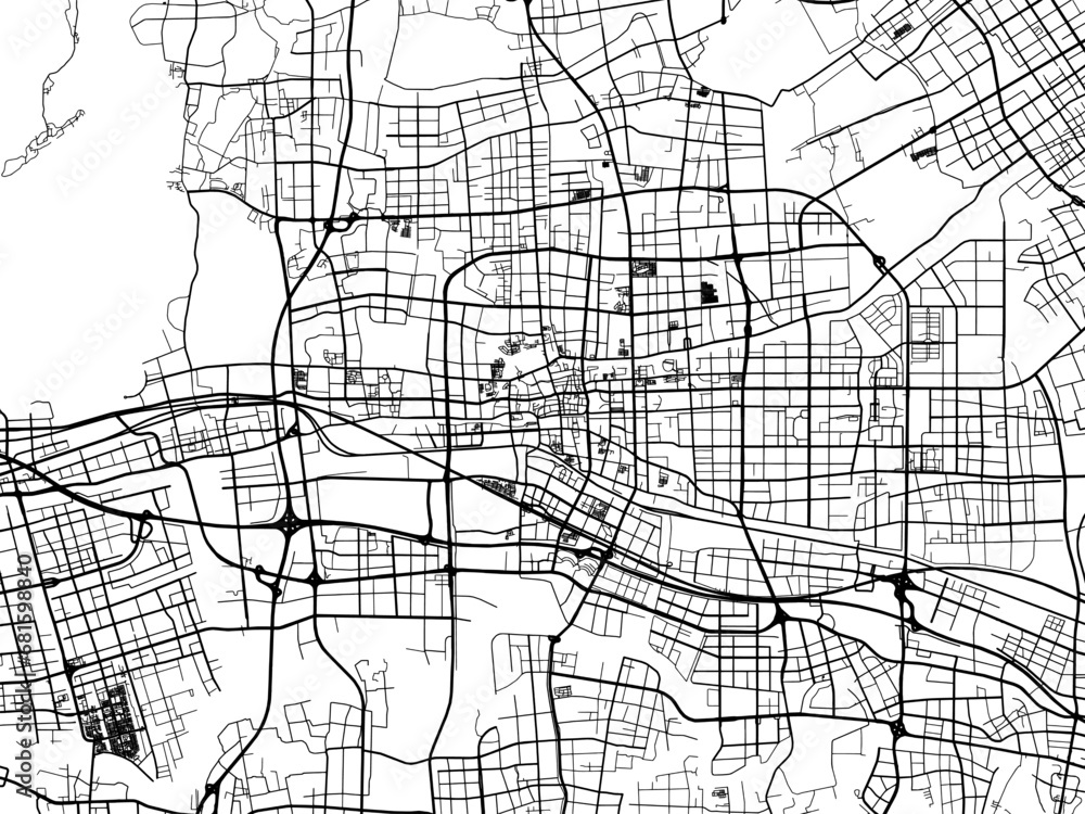 Vector road map of the city of Kunshan in the People's Republic of China (PRC) with black roads on a white background.