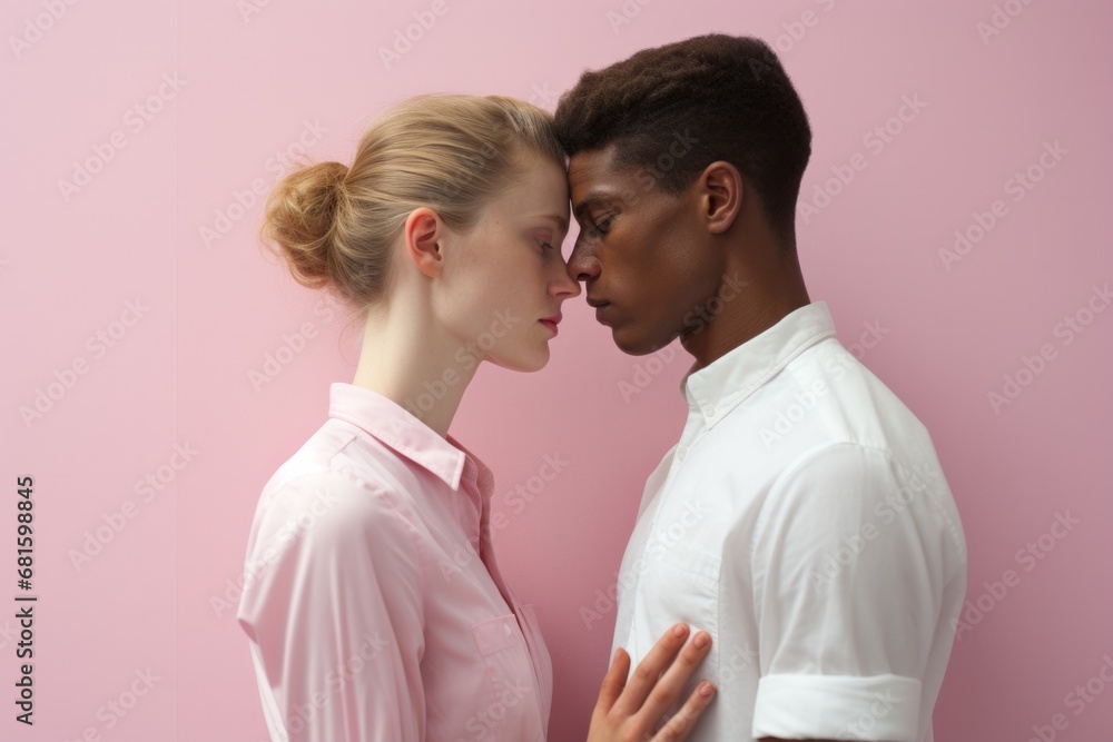 Two very pretty people in front of a pink background a light-skinned woman with blond hair and a dark-skinned man with black hair looking into each other's eyes head to head in love Two very pretty people in front of a pink background a light-skinned woman with blond hair and a dark-skinned man with black hair looking into each other's eyes head to head in love