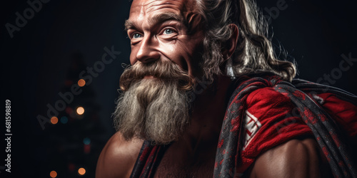 Portrait of a strong brutal man  with a naked torso and with long white beard and mustache holding red gifts bags on black background. Modern Santa Claus