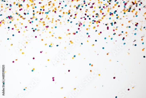  multicolored confetti sprinkles are scattered on a white background with space for a text or a logo on the bottom right side of the image. © Shanti
