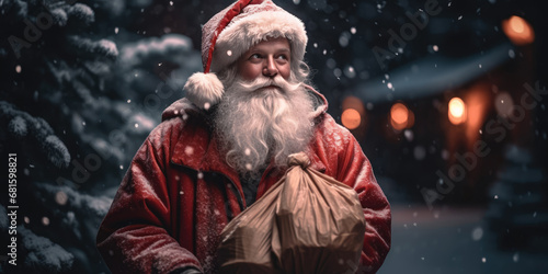 Portrait of  Santa Claus in with logn gray beard and bag of gifts  standing in winter snowy street at night. Christmas and New Year concept. Modern Santa Claus © maxa0109