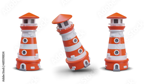 Striped red and white beacon, lighthouse. Set of vector images in cartoon style. Building for providing light signals to ships. 3D object in different positions