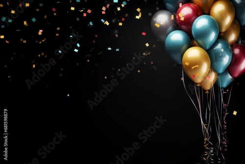  a bunch of balloons floating in the air with confetti and streamers flying around them on a black background with confetti and confetti streamers.