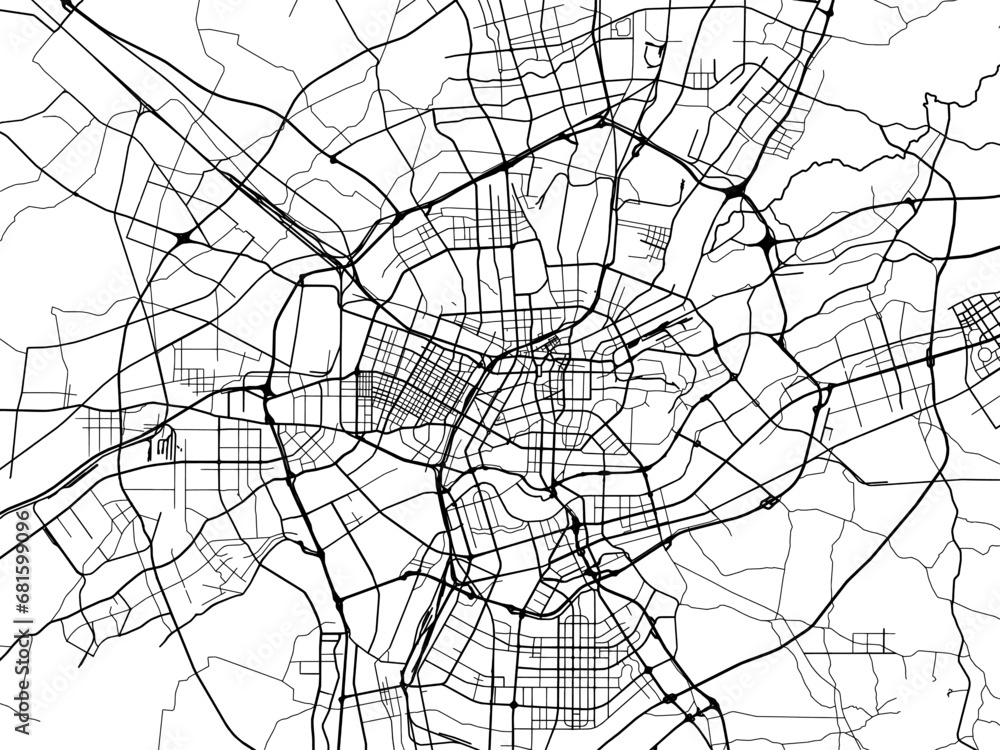 Vector road map of the city of Shenyang in the People's Republic of China (PRC) with black roads on a white background.