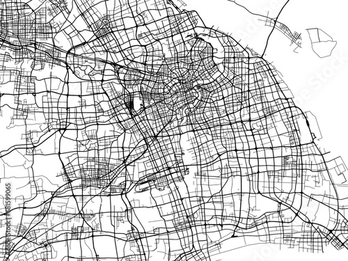 Vector road map of the city of Shanghai in the People's Republic of China (PRC) with black roads on a white background.