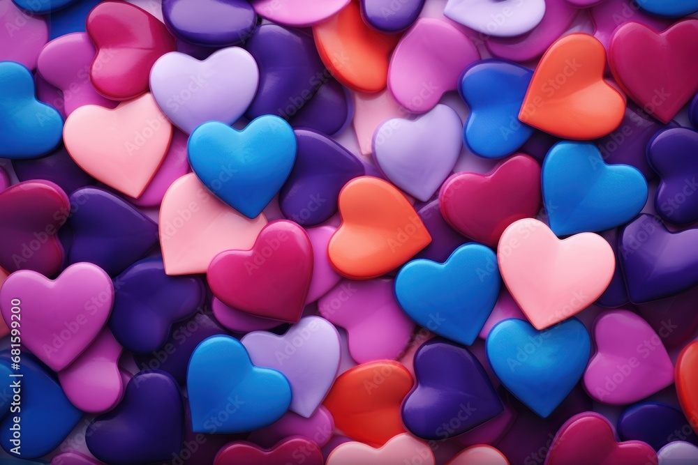  a pile of colorful hearts sitting on top of a pile of pink, blue, and red hearts on top of a bed of purple, red, pink, purple, and orange, and pink hearts.