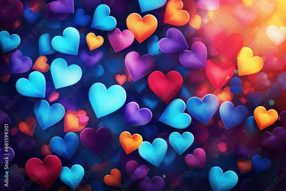 a bunch of hearts floating in the air with a bright light in the middle of the image and the colors of the heart are red, blue, yellow, purple, red, orange, pink, and purple, and red. a bunch of hearts floating in the air with a bright light in the middle of the image and the colors of the heart are red, blue, yellow, purple, red, orange, pink, and purple, and red.