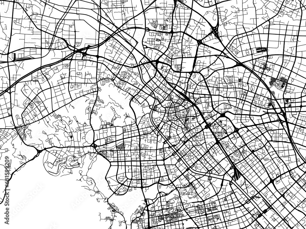Vector road map of the city of Wuxi in the People's Republic of China (PRC) with black roads on a white background.