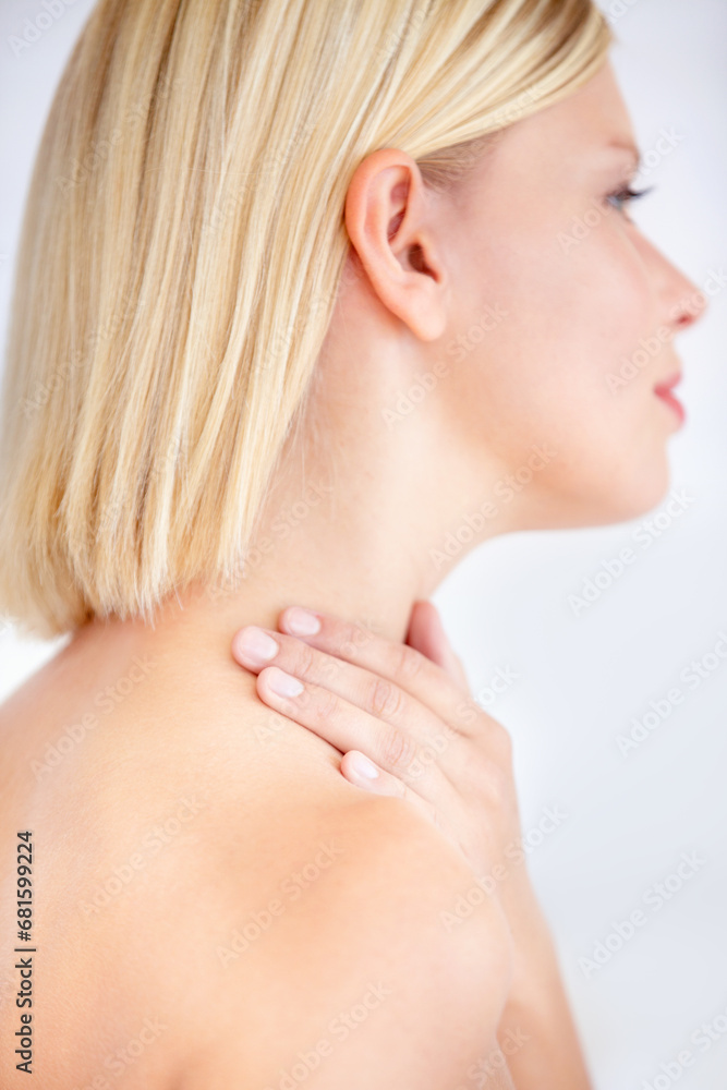 Woman, skincare and touch in studio profile for wellness, care or health by white background. Girl, model and peace with touch for skin, cosmetic change and beauty transformation with natural glow Woman, skincare and touch in studio profile for wellness, care or health by white background. Girl, model and peace with touch for skin, cosmetic change and beauty transformation with natural glow